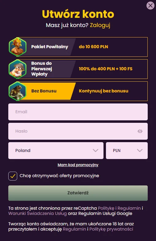 Bizzo Casino rejestracja