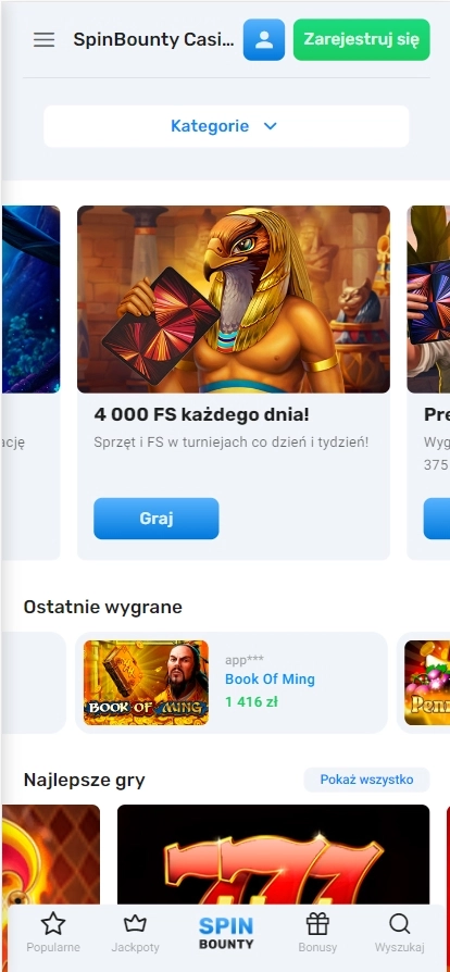 Strona główna mobilnej aplikacji Spin Bounty