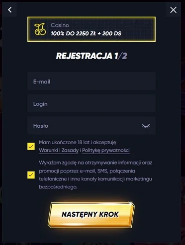 Formularz rejestracyjny w Quickwin Casino (wersja 2)