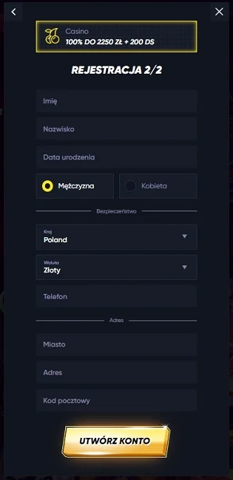 Formularz rejestracyjny w Quickwin Casino (wersja 3)