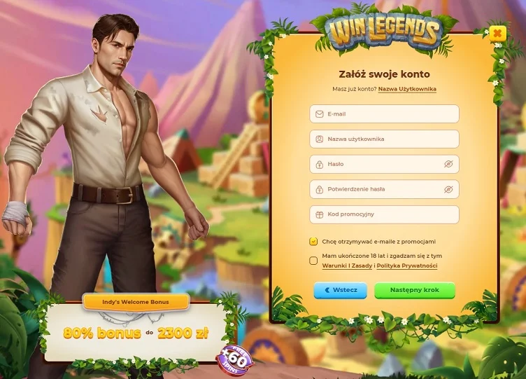 Formularz rejestracji w WinLegends Casino.