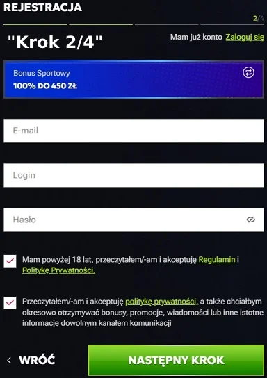 Drugi krok w procesie rejestracji w kasynie RTBet.
