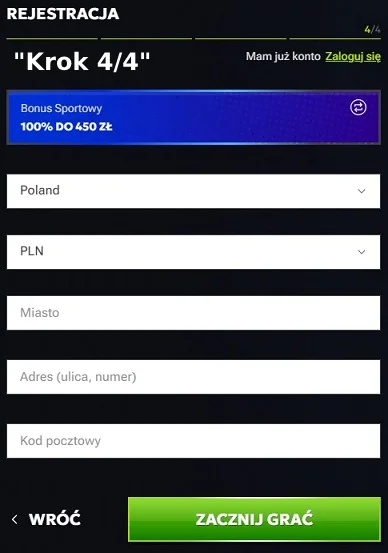 Czwarty krok, finalizowanie rejestracji w kasynie RTBet.