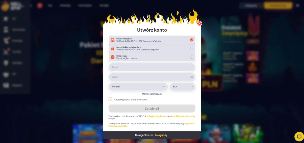 Proces zakupu po stronie HellSpin Casino jest bardzo prosty i wymaga minimalnego czasu. Aby rozpocząć, należy udać się na stronę główną i kliknąć przycisk „Zarejestruj się”, który znajduje się w prawym górnym rogu strony. Te czynności przeniosą Cię bezpośrednio do formularza, gdzie będziesz mógł przyjąć bonus powitalny, wybierając Hell Spin bonus przy rejestracji: