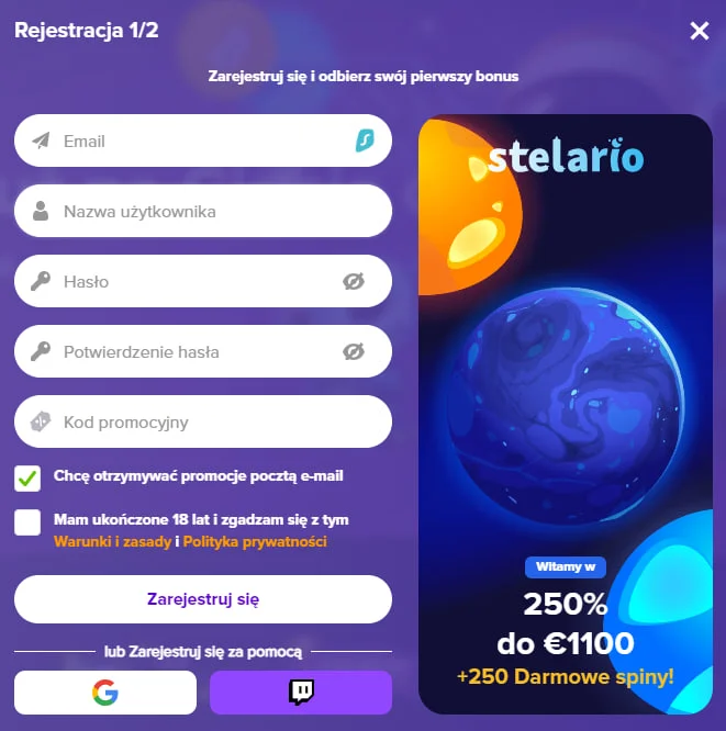 Rejestracja i weryfikacja konta w Stelario Casino.