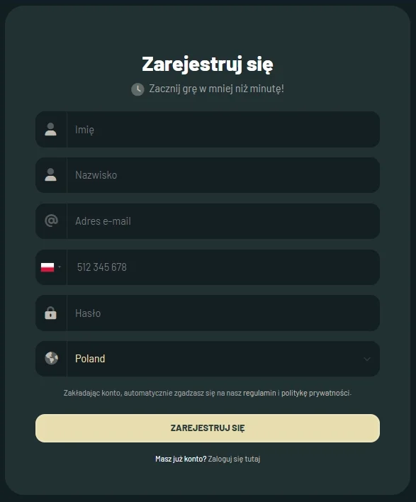 Formularz rejestracyjny Palm Casino