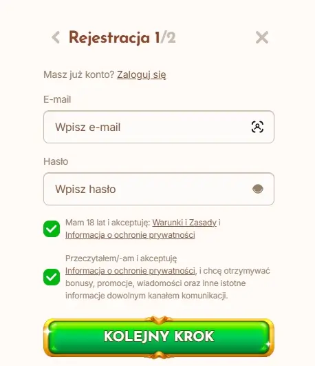 Drugi krok formularza rejestracyjnego w Bethall Casino.