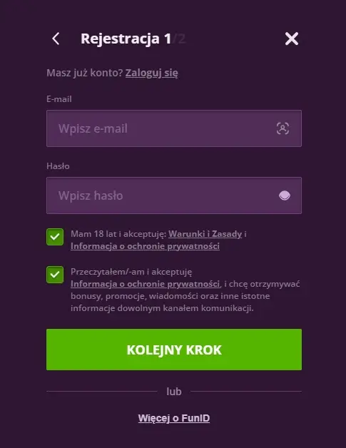 formularz do rejestracji w Malina Casino, krok drugi