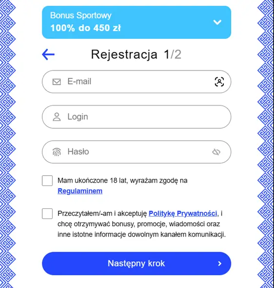 Formularz rejestracji, krok 1 w LibraBet Casino