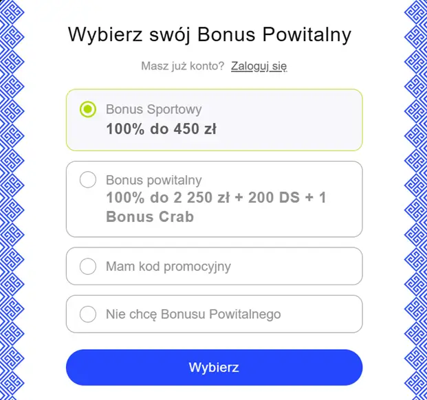 Formularz rejestracji, wybierz bonus powitalny w LibraBet Casino.