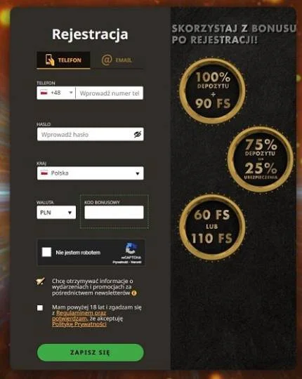 Rejestracja w serwisie kasyna Play Fortuna